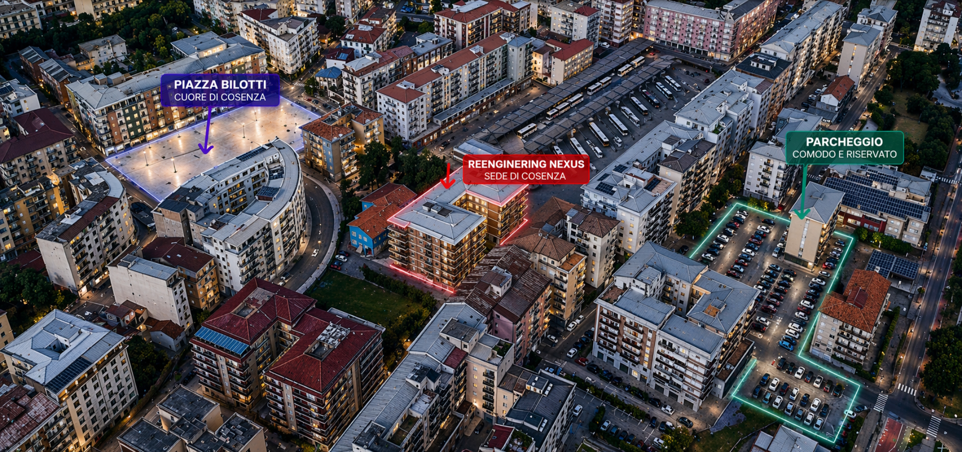 Vista aerea del centro di Cosenza con la sede di Reengineering Nexus e Piazza Bilotti