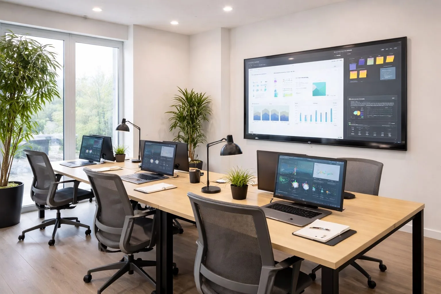 Uffici privati del coworking Reengineering Nexus a Cosenza: scrivanie elettriche, pavimento in marmo rosa del Portogallo e illuminazione professionale