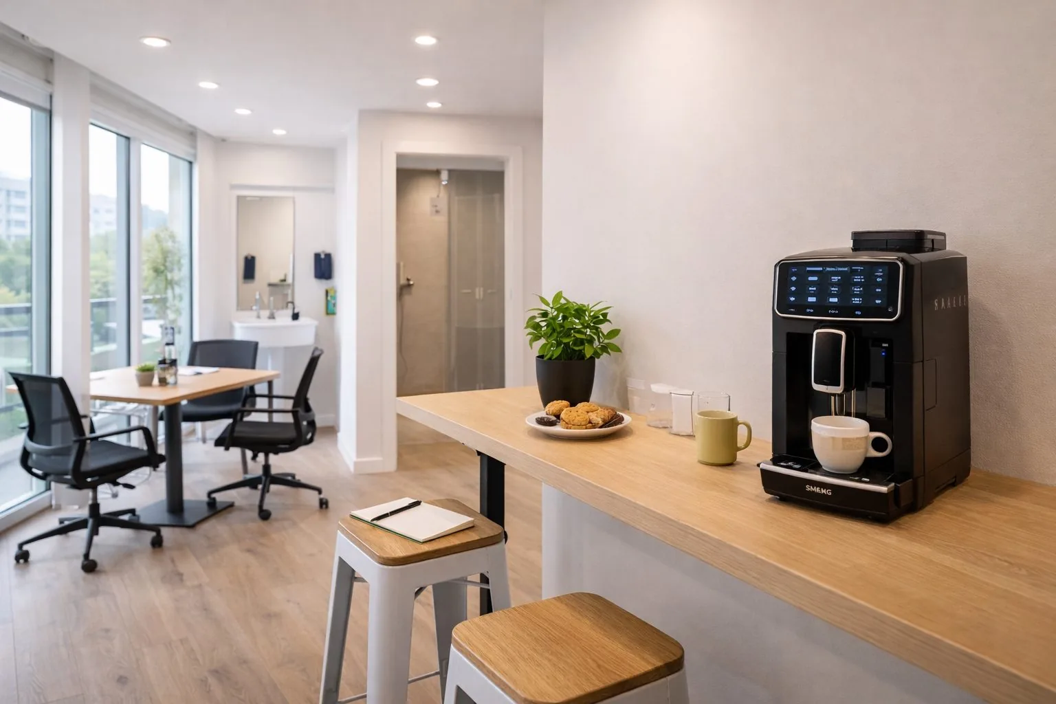 Sala ristoro e spazi comuni del coworking Reengineering Nexus a Cosenza: area coffee break, tavolo pranzo e luce naturale