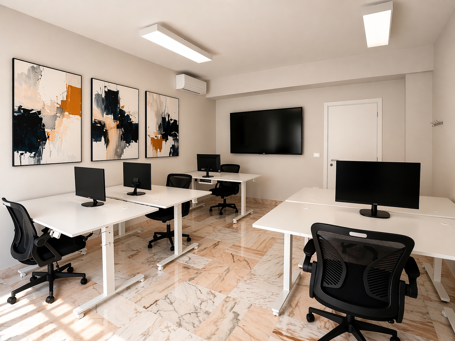 Sala operativa del coworking Reengineering Nexus con LIM monitor a parete, scrivanie elettriche regolabili e pavimento in marmo rosa del Portogallo