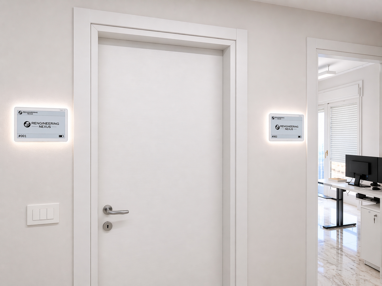 Targhe digitali IoT retroilluminate all'esterno degli uffici del coworking Reengineering Nexus, che mostrano il nome dell'azienda o del professionista che occupa la stanza