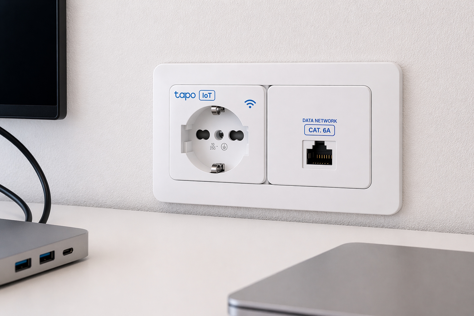 Presa IoT Tapo Wi-Fi e porta di rete Cat 6A sulla stessa placca a parete, con hub USB sul tavolo, presso il coworking Reengineering Nexus a Cosenza