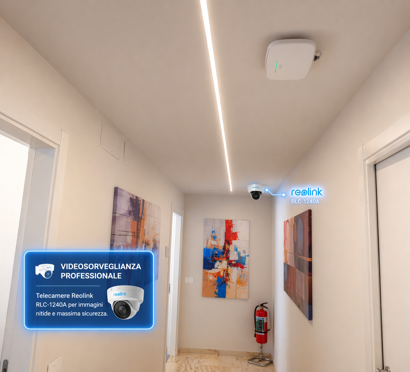 Corridoio del coworking con telecamera di videosorveglianza professionale per il monitoraggio e la sicurezza degli spazi