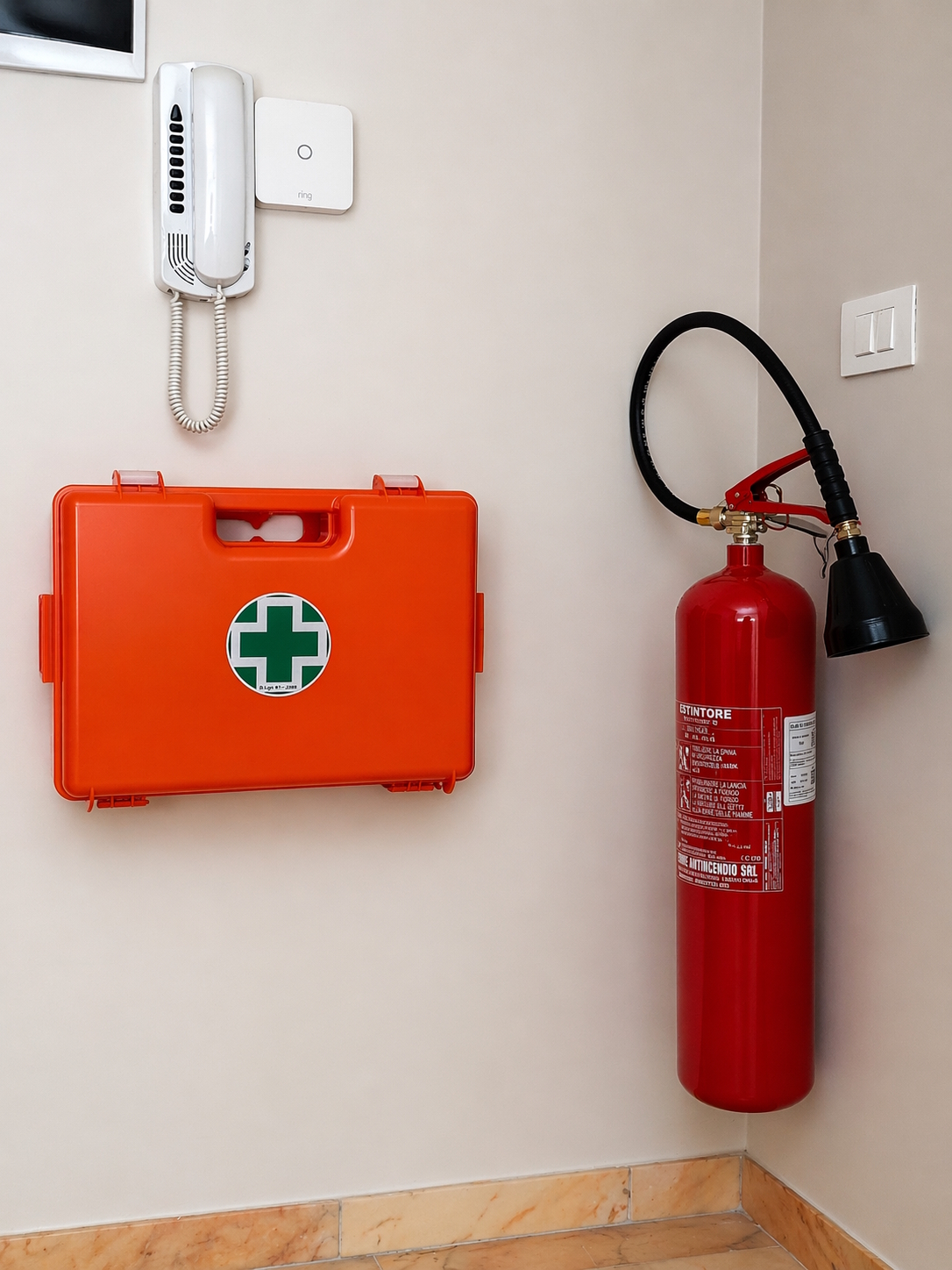 Estintore CO2 e cassetta di pronto soccorso a parete nel coworking Reengineering Nexus a Cosenza, con citofono e dispositivo smart Ring