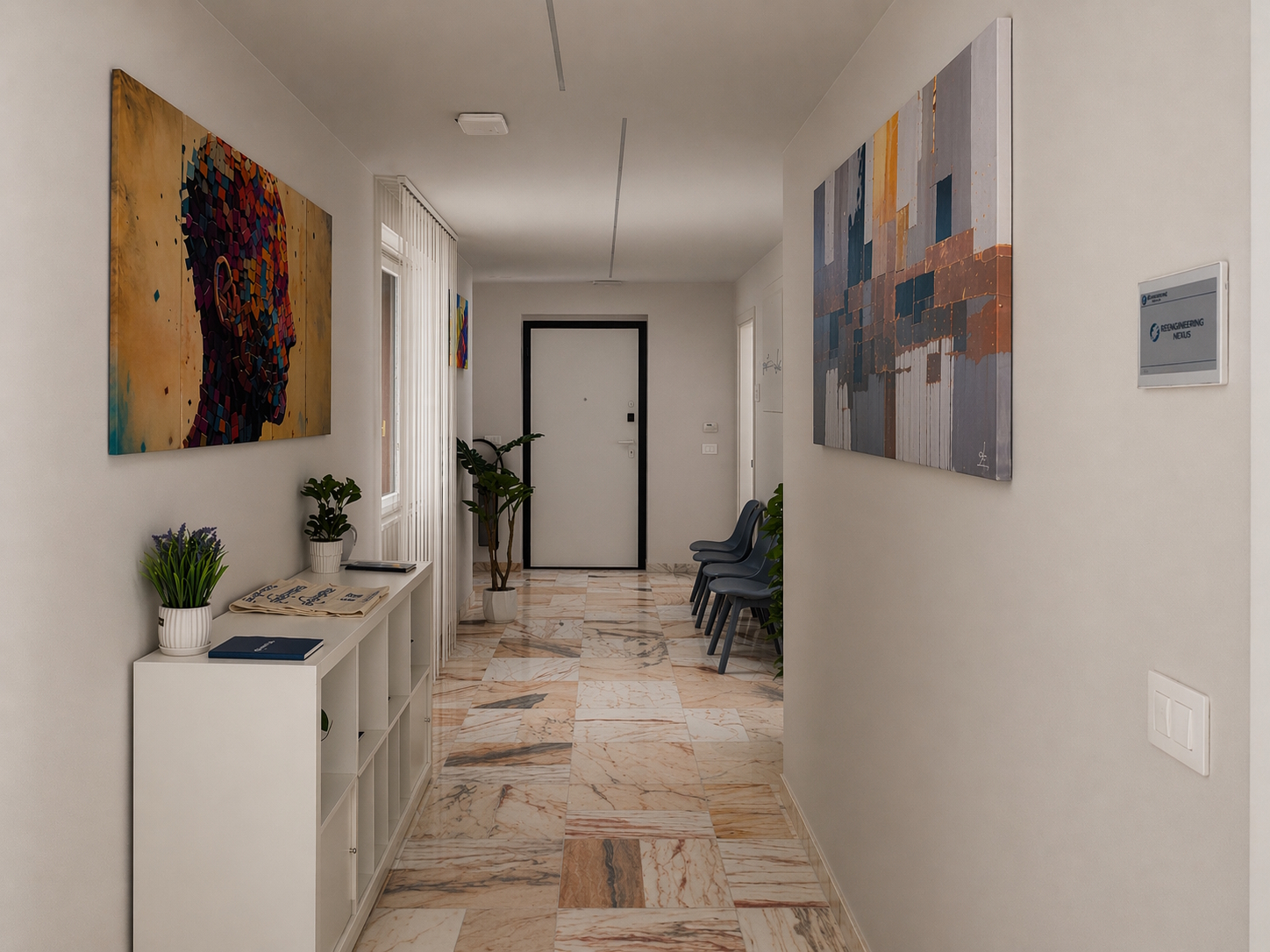 Corridoio principale con pavimento in marmo rosa del Portogallo e opere d'arte alle pareti