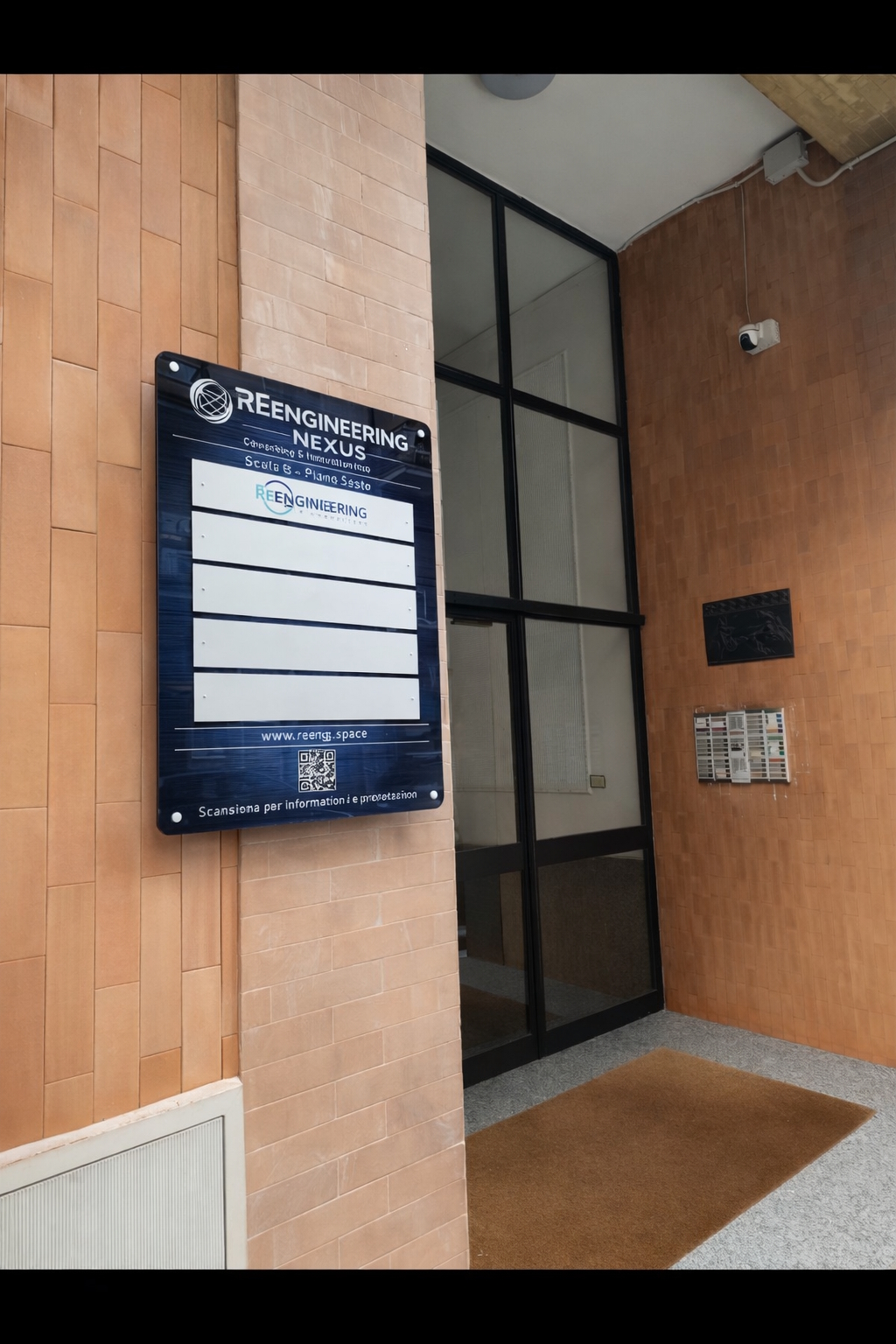 Targa modulare Reengineering Nexus all'ingresso del palazzo con QR code e slot per i tenant